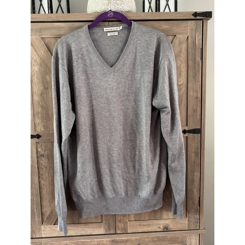 Peter Millar Mens Gray Silk Cotton Cashmere V-Neck Sweater Size Medium